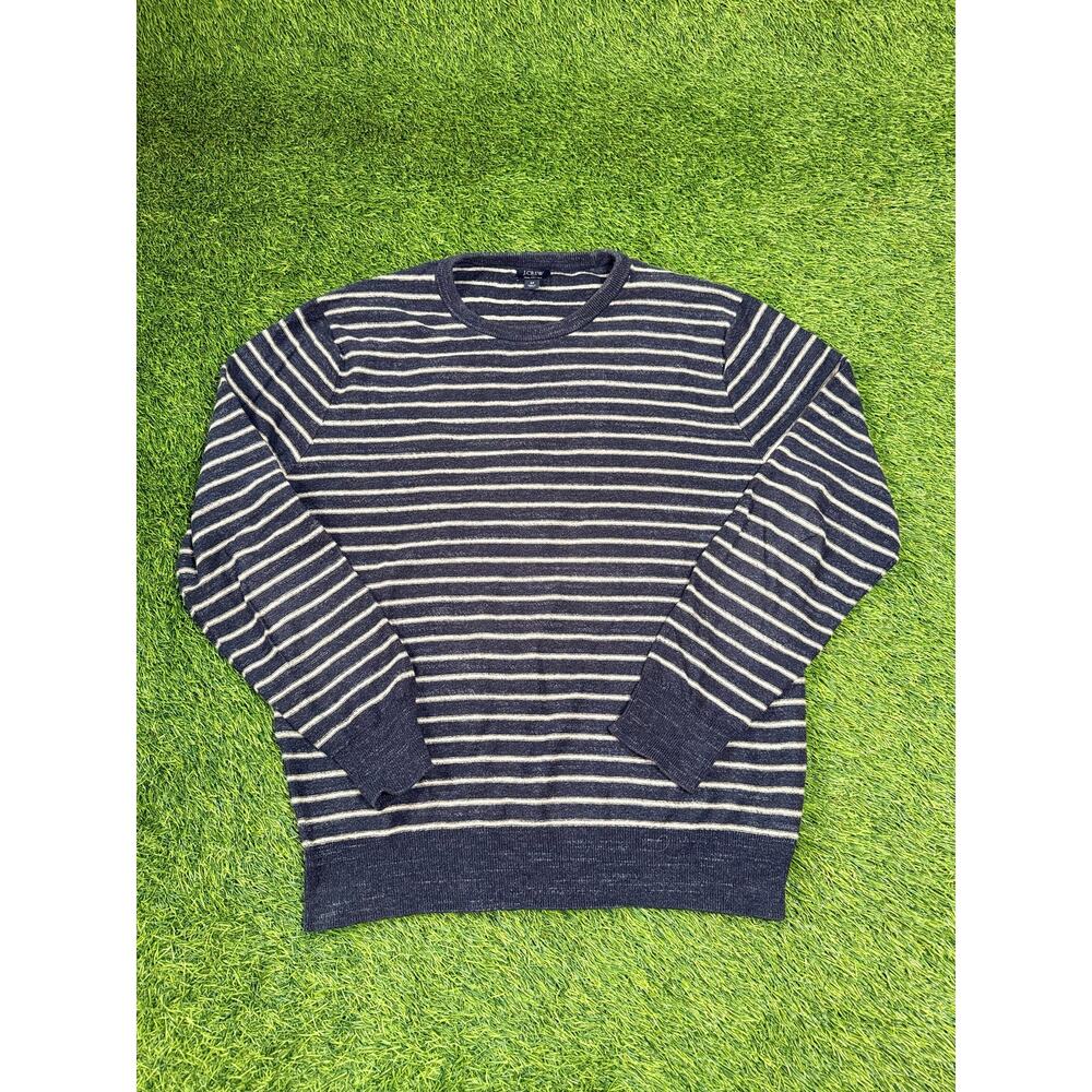 J Crew Striped Sweater Men Medium Navy Cream Cotton Crewneck Knit Casual